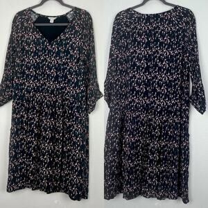 Garnet Hill | Boho Floral Navy Pink V Neck Drop Waist Midi Dress Modest 16